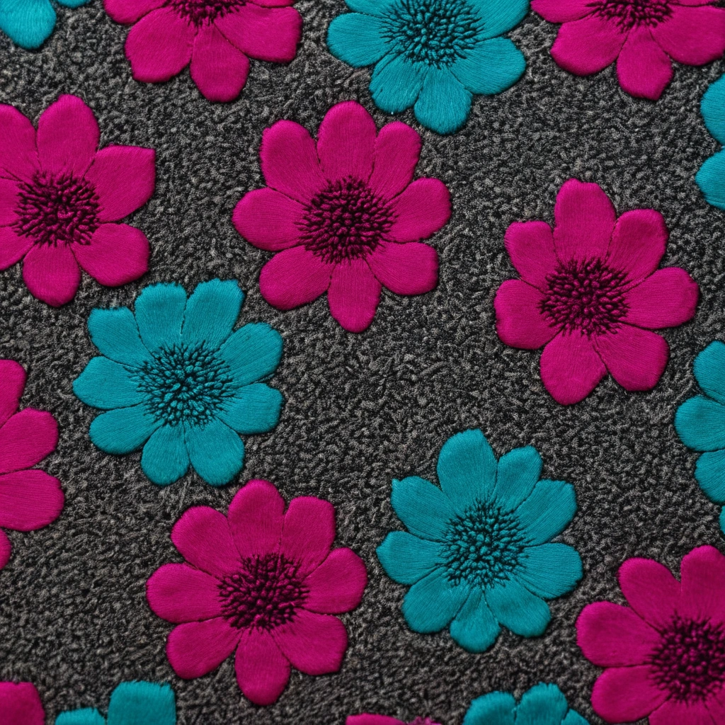 Macro view of dyed pile tufts on a printed cut-pile carpet forming a floral pattern