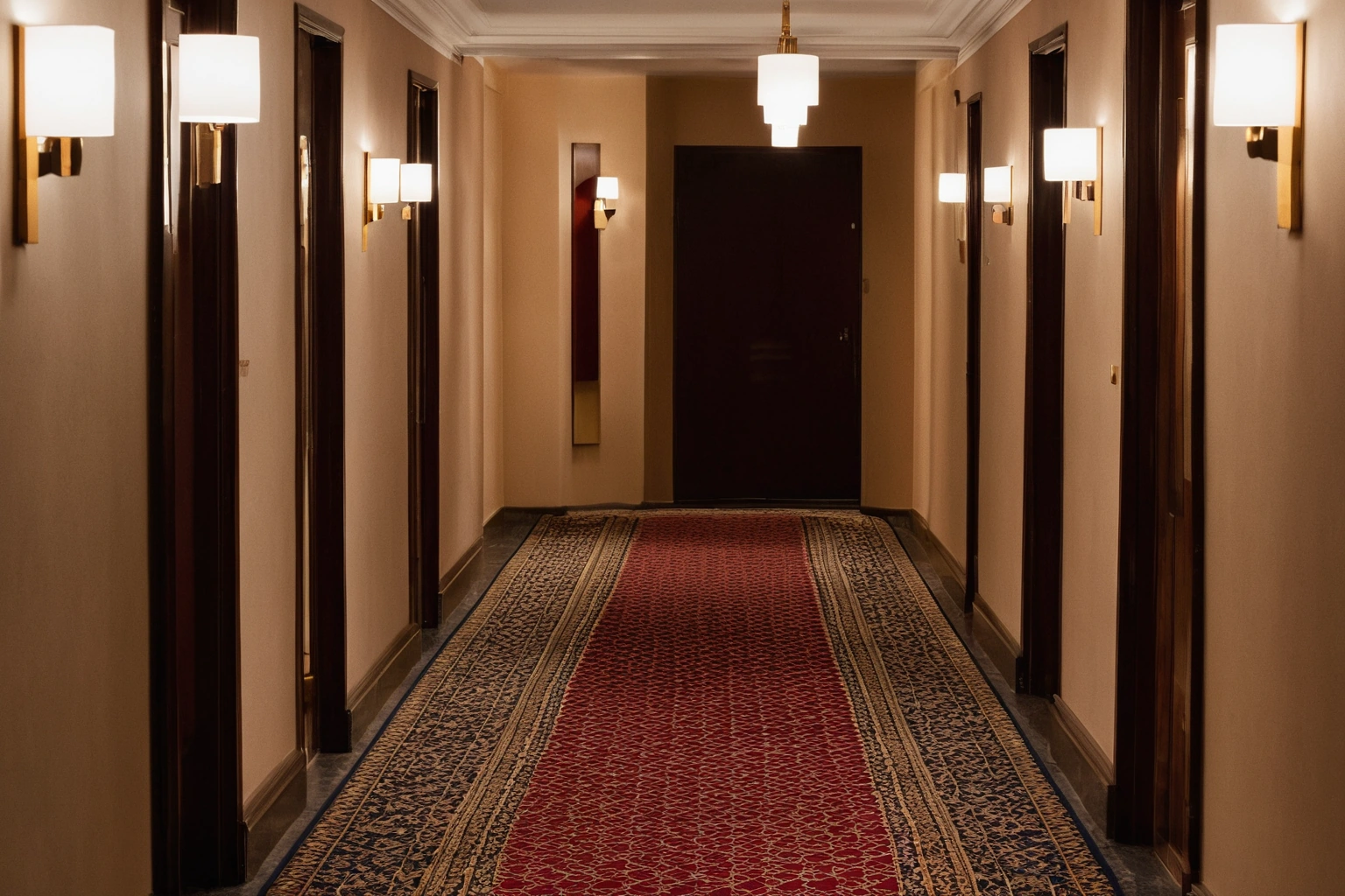 Hotel corridor with a woven patterned wool carpet running its length